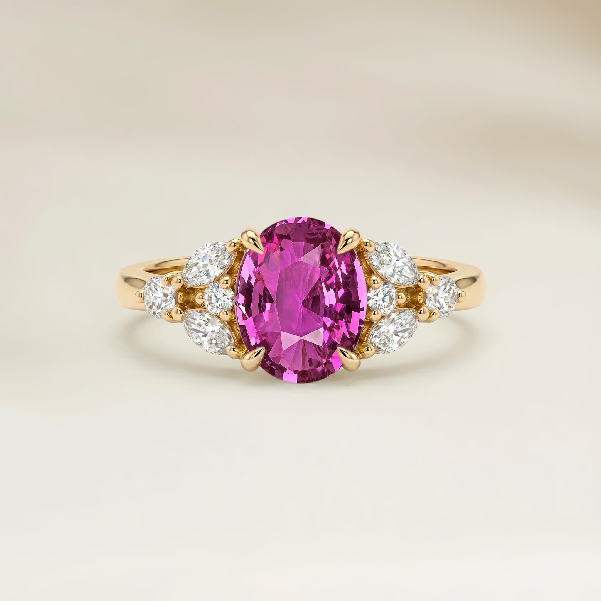 Bague Floral Saphir Rose Ovale de 2,06ct — Or Jaune 18k - vue principale