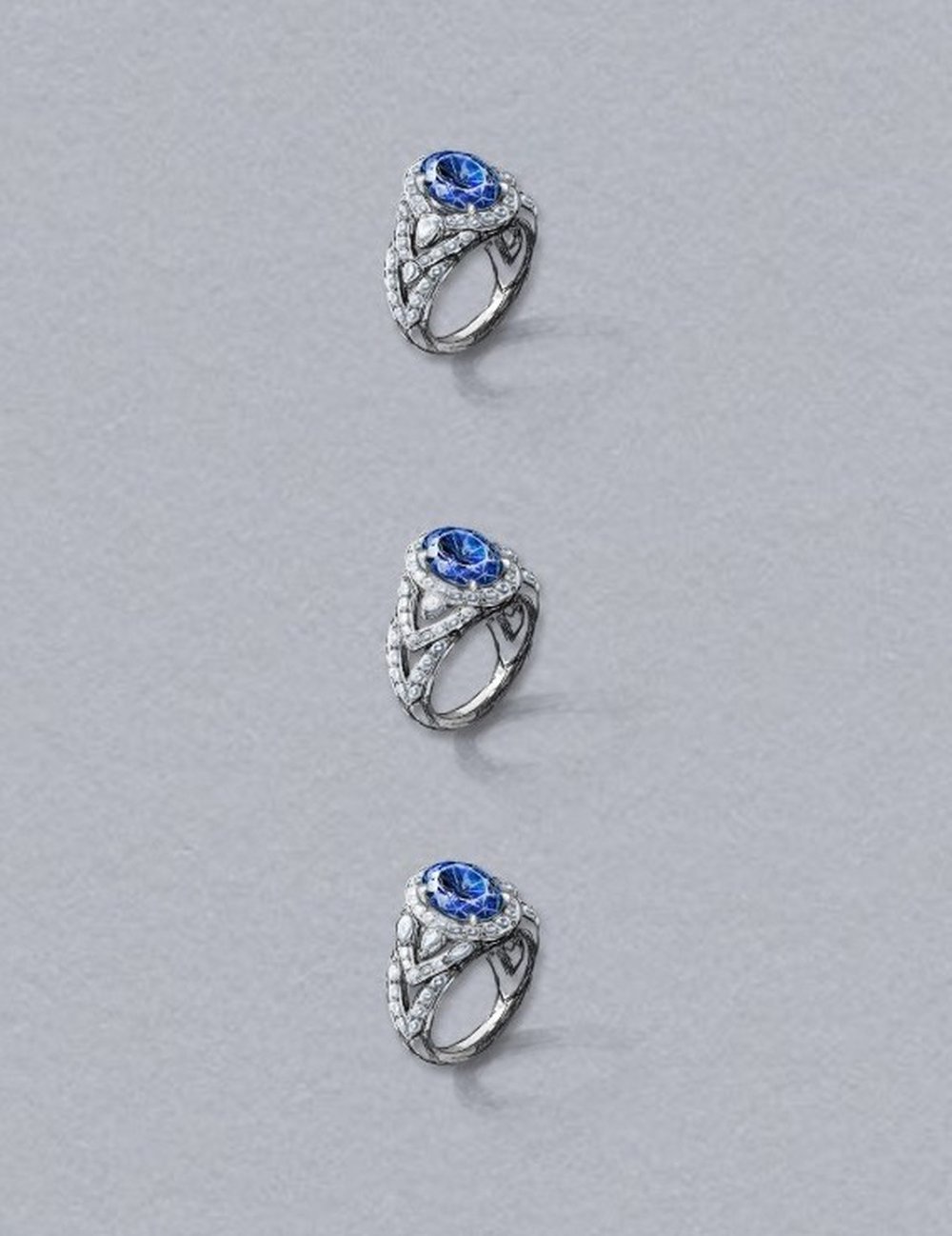 Gouaché : trois études de bague saphir, atelier Bonnot Paris